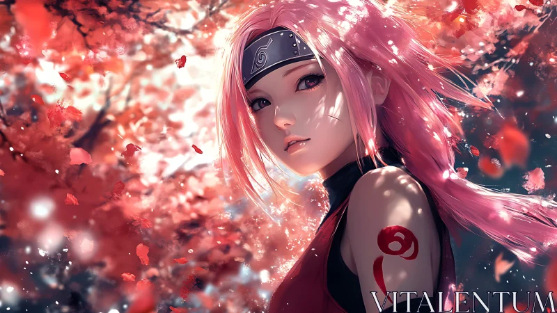Anime portrait with sakura bokeh and dynamic petal motion.