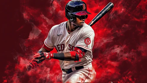 Red Sox batter readies swing amid explosive red backdrop.