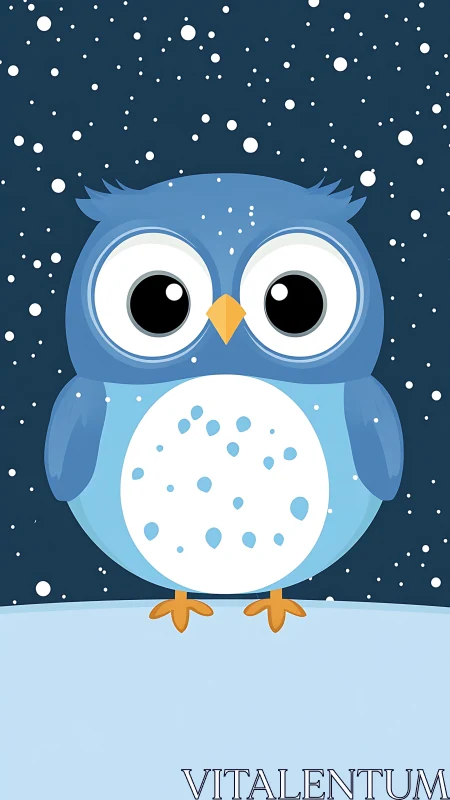 Vector blue owl under stylized snowfall on polar horizon.
