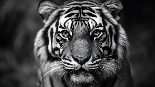 Close black and white portrait of tiger staring forward.