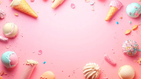 Ice cream cones and sweets on pink background.