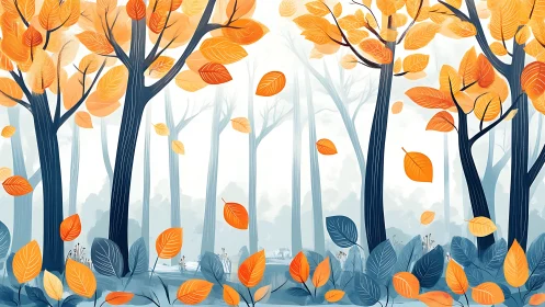 Autumn Forest with Falling Leaves: Digital Illustration.