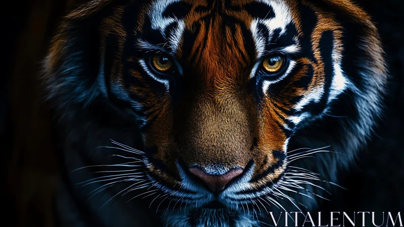 Close frontal view shows highly detailed tiger facial features