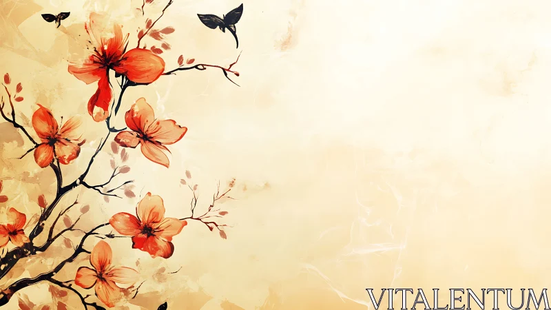 Red Blossom Composition With Delicate Insects Rendered.