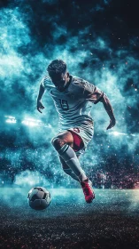 Soccer player in white kit controlling ball on stadium field.