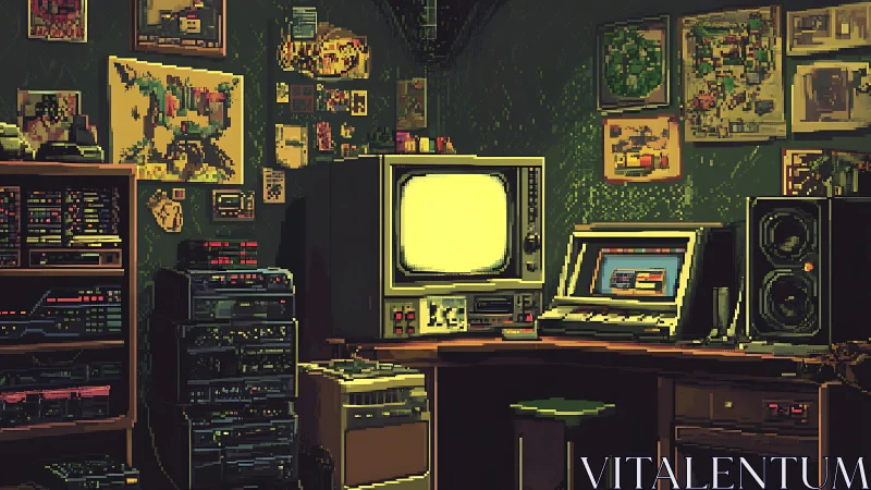 Retro hacker den glows with vintage monitors and synths.