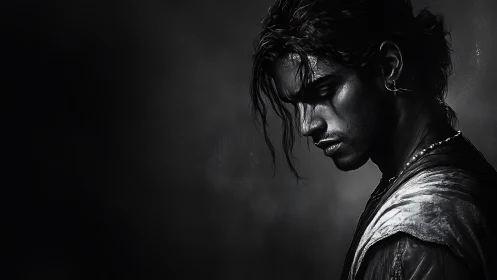 High-contrast monochrome portrait of pensive young man