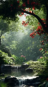 Quiet blossoms lean over a secret forest mirror of light