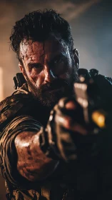 Battle-worn soldier aiming handgun in cinematic close-up.