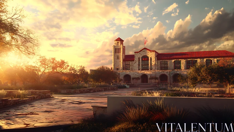 Sunlit stone campus tower bathing in molten desert sky.