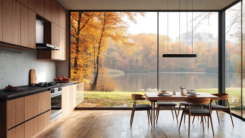 Modern wood kitchen overlooks calm autumn lakeside forest