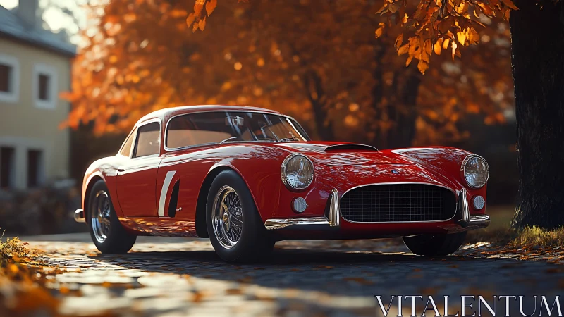 Red vintage coupe parked on cobbled street in autumn setting.