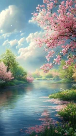 Spring river landscape with luminous sakura reflections.