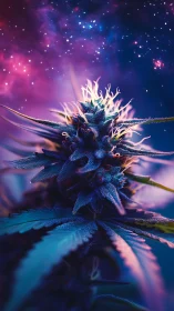 Luminous cannabis bud glows under a dreamy cosmic night sky