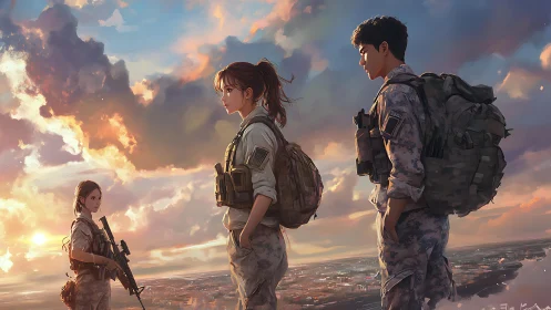 Sunset-lit military patrol with detailed tactical gear silhouettes