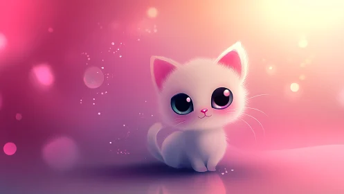 Digital Feline Portrait: White Kitten with Luminescent Eyes in Soft Gradient