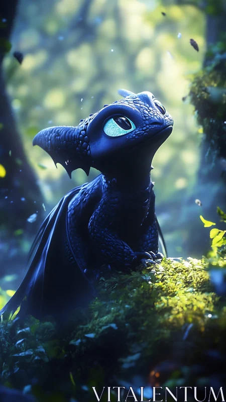 Small black dragon on moss-covered log in diffuse forest light.