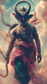 Divine horned warrior in drifting cloudscape, digital painting.
