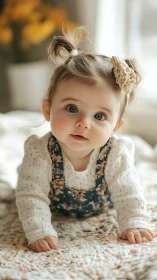 Blonde toddler with bow adorned hair poses on texture.