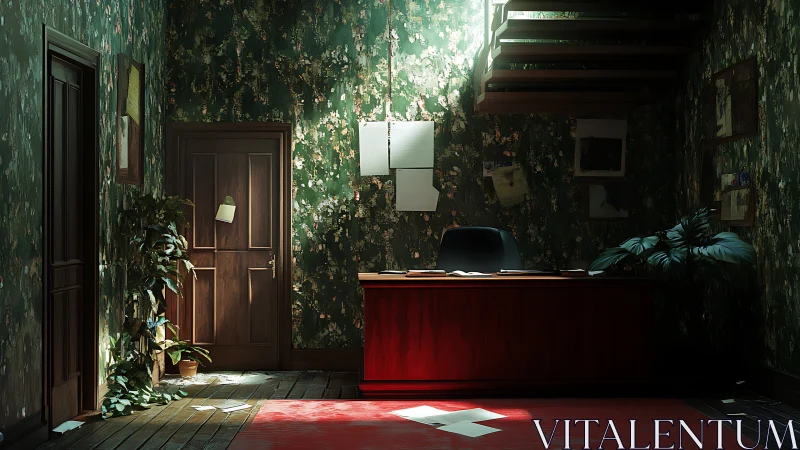 Dim office interior with wooden desk and scattered papers.