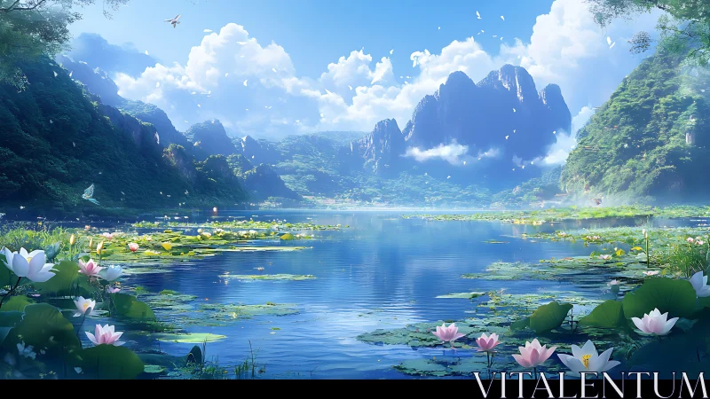 Lotus lake beneath misty mountains in luminous daylight.