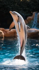Leaping bottlenose dolphin above sunlit turquoise pool.
