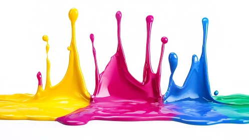 Colorful paint splashes rise in joyful waves across white