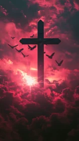 Cross silhouette stands above red storm clouds with birds