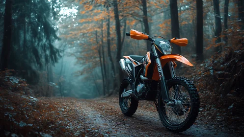 Enduro off road motorcycle on misty autumn forest trail