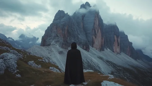 Cloaked wanderer beneath towering misty alpine cliffs.