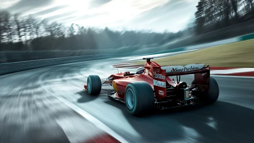 Red Formula race car accelerating through a fast circuit.