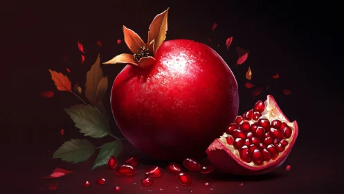 Glossy pomegranate still life renders hyperreal surface sheen