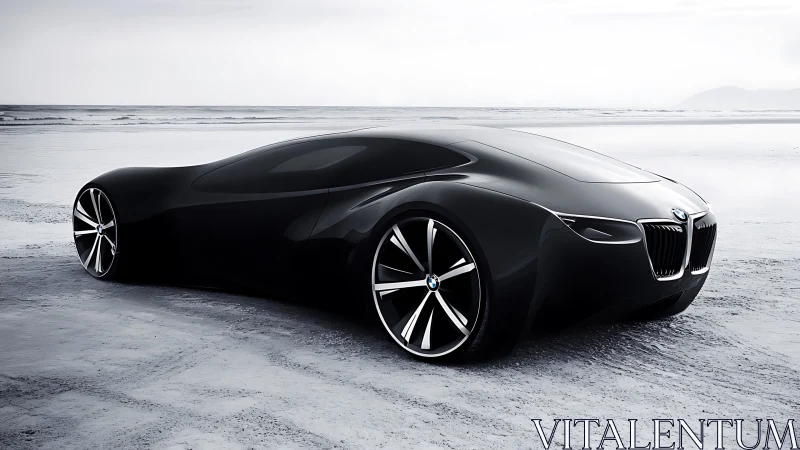 Hydrodynamic black BMW concept coupe on saline shoreline runway.