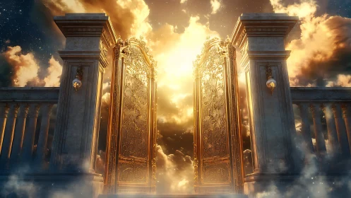 Ornate golden celestial gates open amid radiant cloudscape