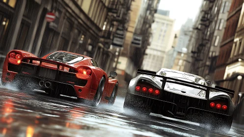Supercars racing through wet urban street in dynamic rain.