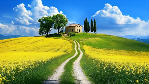 Sunlit farmhouse crowns a winding road of blooming gold