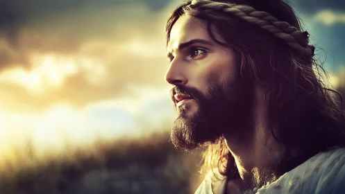 Radiant bearded figure in rim-lit profile against luminous sky.