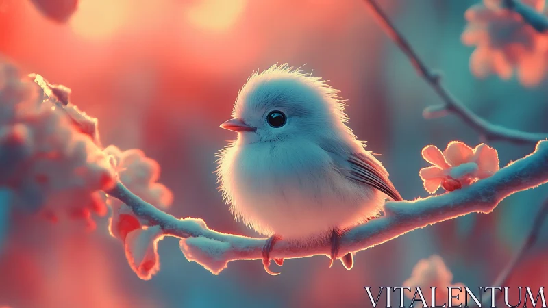 Luminous Bird Perched on Flowering Branch with Warm-Cool Chromatic Interplay
