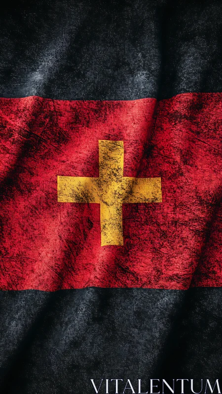 Grunge tricolor flag with central weathered golden cross