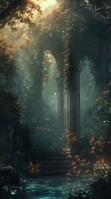 Overgrown stone archway with roses and reflective pool.