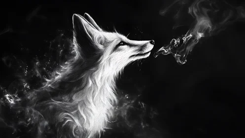 Monochrome vulpine apparition exhaling luminous smoke plume.