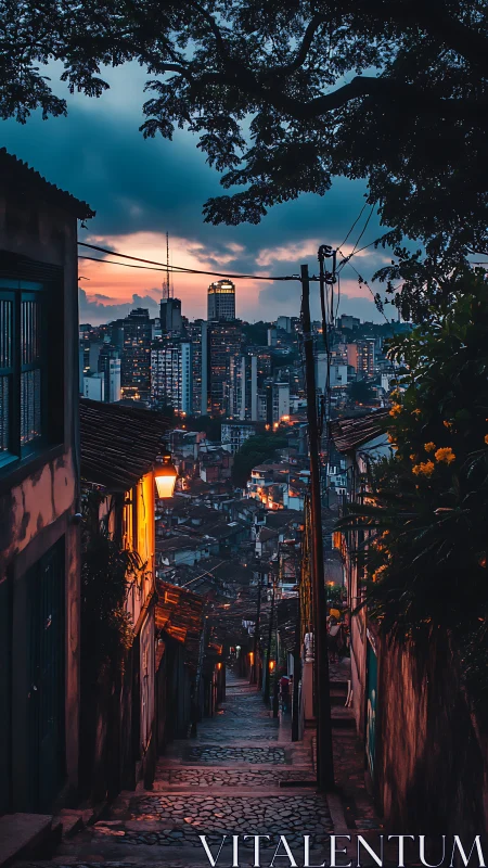 Steep cobblestone alley descends to a glowing city skyline.