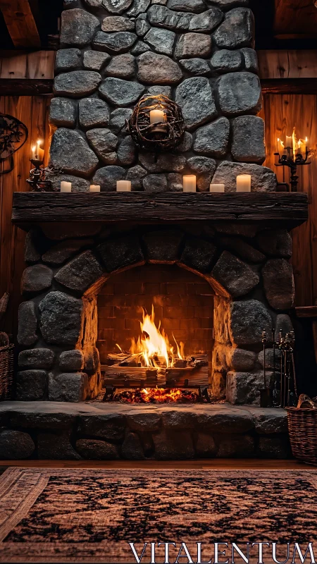 Stone fireplace with active fire and candle decorations on mantelpiece.