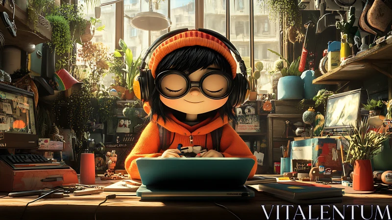 Young person with tablet in dense indoor workspace environment.