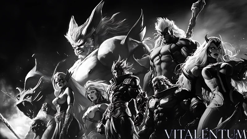 Monochrome lineup shows armored and muscular fantasy figures