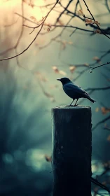 Small bird is perched on a solitary wooden post outdoors