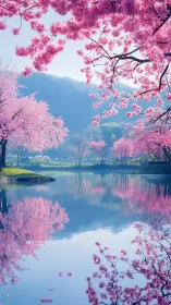 Cherry blossom lakeside landscape under soft morning light.