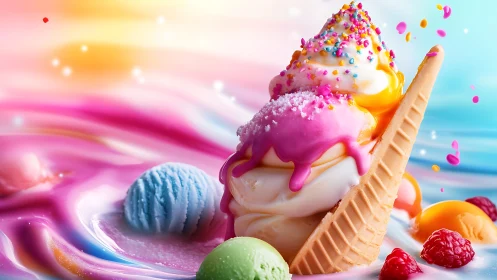 Colorful ice cream dessert with waffle cone and sprinkles.