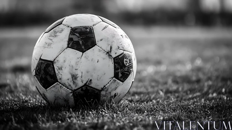 Weathered soccer ball resting on grass field in focus.