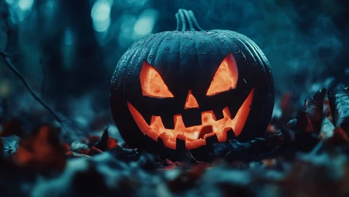 Carved jack o lantern sits illuminated on damp forest floor